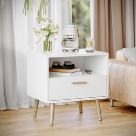 Timechee Bed Side Tables Bedroom Set of 2, 19.5" Modern Nightstand with Open Shelf and Storage Drawer, White Nightstand Set of 2 with Metal Legs and Handle, Small Bedside Table, White Night Stand