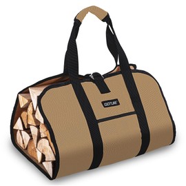 Goture 16oz Waxed Canvas 38.5×18 inch Firewood Carrier Heavy Duty Log Carrier Large Firewood Bag with Open-Side Firewood Storage Tote for Camping Indoor Khaki