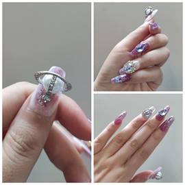 CEBOIC Glue-On Nails, Press On Nails, Handmade Gel Nails, Luxury Reusable Purple False Nails with Pearl and Rhinestones for Girls and Women, Everyday and Party, Pack of 10