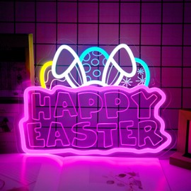 Happy Easter Neon Sign, LED Bunny Neon Light for Decorations, Dimmable Neon Decor Easter Gifts for Kids Spring Front Yard Sign Lawn Bedroom Wall Home
