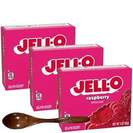 Instant Gelatin Dessert Mix - 3 oz Boxes (Pack of 3) - With Candy Freezer Wooden Spoon (Raspberry) - Wooden Spoon