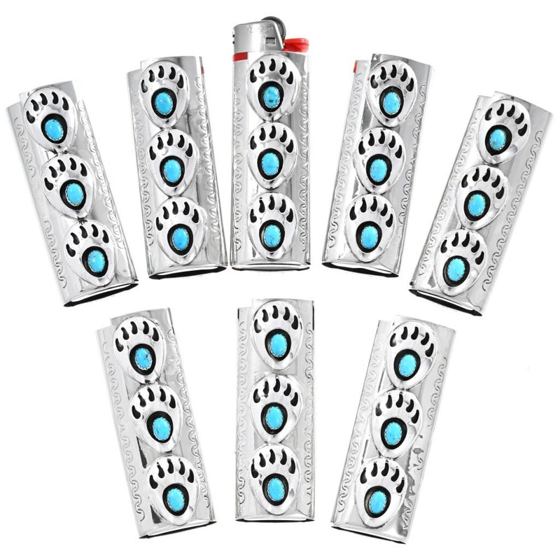 Navajo Turquoise Silver Lighter Case Cover Three Sterling Bear Paws