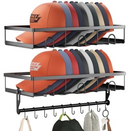 fanado Metal Hat Rack for Wall, Each Hat Organizer for Baseball Caps Fit 20 Caps Holder with 10 Hat Hanger, 2 Pack Wall mounted Hat storage holder display, Black