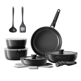 Redchef 16pcs Ceramic Pots and Pans Set Non Stick, Nonstick Kitchen Cookware Set with Detachable Handle, Non Toxic, PFAS PFOA & PTFE Free, RV Cookware Set for Camping, Dishwasher/Oven Safe (Black)