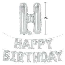 TONIFUL Silver Happy Birthday Balloons Banner, 16 Inch Mylar Foil Letters Sign Bunting Reusable Ecofriendly Material for Girls Boys Kids & Adults Birthday Decorations Party Supplies