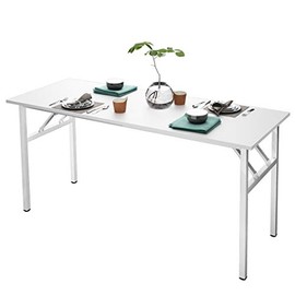 DlandHome Need 62 Inches Large Home Office Computer Desk, No Install Needed, Composite Wood Board, Folding Dining Table/Workstation, 62 Inches White and White Legs, 1 Pack