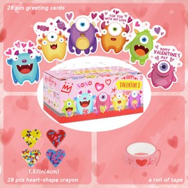 PARSUP 28 Pack Monster Valentine Cards + Heart Crayons (4 Colors) - No-Candy Classroom Exchange Gifts, Kid-Sized Crayons + Cute Monster Cards for Valentine Party Favors