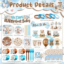 Blue Bear Baby Shower Decorations for Boy We Can Bearly Wait Baby Shower Plates and Napkins Tablecloth Banner Toppers Bracelets Sash Honeycombs Balloons for Boy Baby Shower Party Supplies Serve 26
