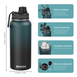 SASEUM Insulated Stainless Steel Water Bottles 32oz with Spout Lids Metal Vacuum Thermal Large Water Jug Leak-proof Reusable Flask for Sports Gym and Travel,Dark-Blue