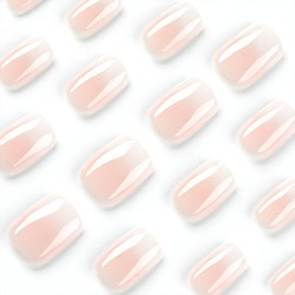 24PCS French Square Press on Nails,Cute Nude Fade Elegant False Nails,Fashion Nude Pink Fake Nails,Glossy and Full Cover Acrylic Nails for Women or Girls