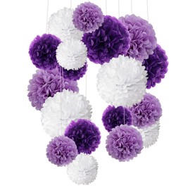 Recosis Tissue Paper Pom Poms, Paper Flower Ball for Birthday Party Wedding Baby Shower Bridal Shower Festival Decorations - Purple, Lavender and White