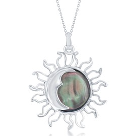 Natural Abalone Shell Sun and Moon Solar Eclipse Sterling Silver Pendant 18’’ Necklace Jewelry for Women or Teens