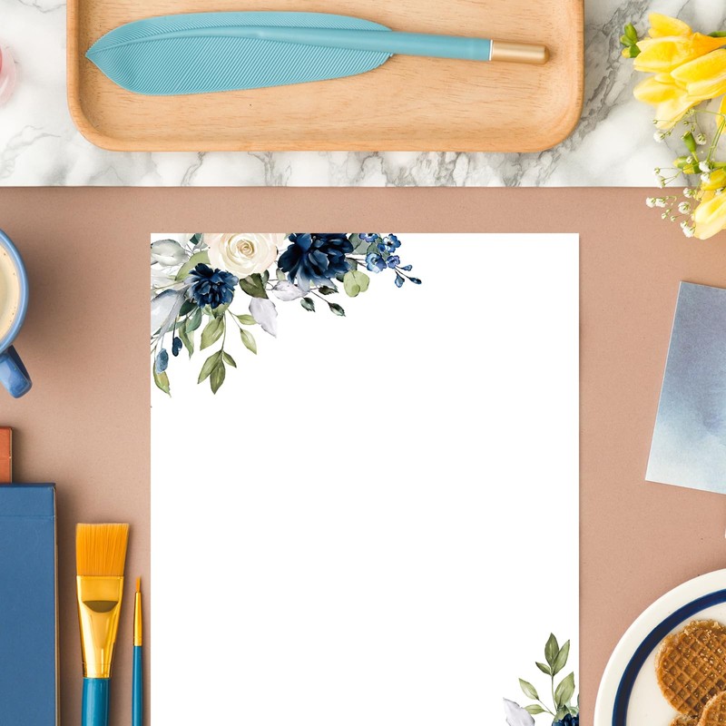60 Sheets Floral Stationery Letterhead Paper White Blue Flower Letter