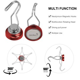 Ant Mag Swivel Magnetic Hooks 80lbs Heavy Duty Grill Magnet Hooks 4 Pack with Scratch Proof Stickers Great for Home Refrigerator Kitchen Store Grill BBQ Office Warehouse Red