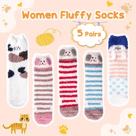 Christmas Gifts for Women Fluffy Socks - Ladies Fluffy Bed Socks Womens Girls Cosy Fuzzy Warm Thermal Dog Cat Socks 4-7, Stocking Fillers Women Advent Calendar 2024 Secret Santa Xmas Gifts for Mum Her