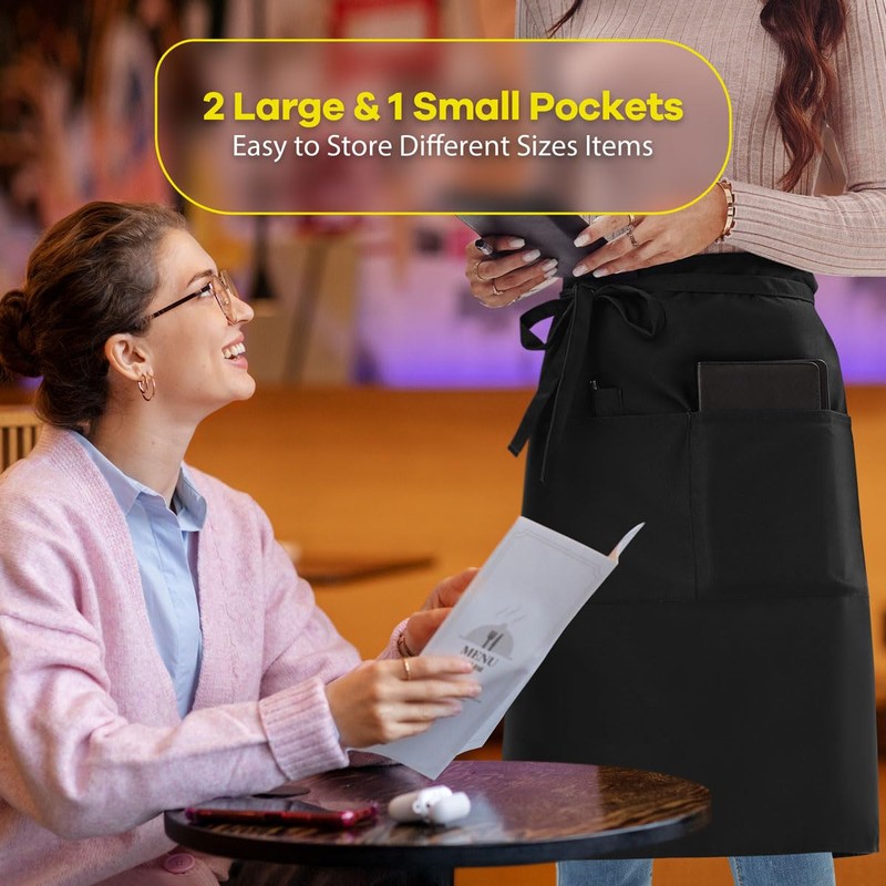 ROTANET Long Server Apron Black with 3 Pockets Bistro Half