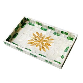 Huyfoig Rectangle Ottoman Tray 10”X6”, Lacquer Mother of Pearl Inlay Mosaic Serving Tray for Coffee, Bread, Fruits Decorative Trays for Coffee Table Home Decor (Green)