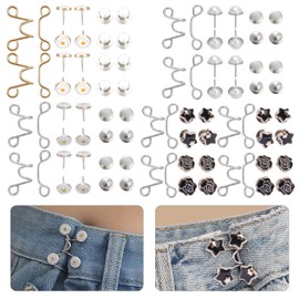 60 Pcs / 10 Set Adjustable Waist Buckle Extender, 5 Style No Sewing Required Jean Waist Tightener, Reusable Jean Buttons Pins Pants Jeans Button Extender for Loose Jeans Pants Dress
