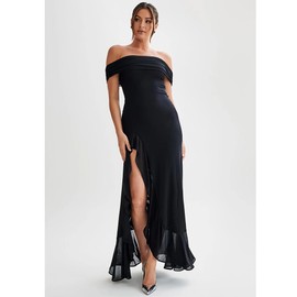 LAGSHIAN Women's Sexy Formal Off Shoulder Sleeveless High Split Ruffle Evening Party Maxi Dress Black