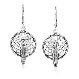 Bling Jewelry Leaf Feather Dream Catcher Dangle Leverback Earrings 925 Silver
