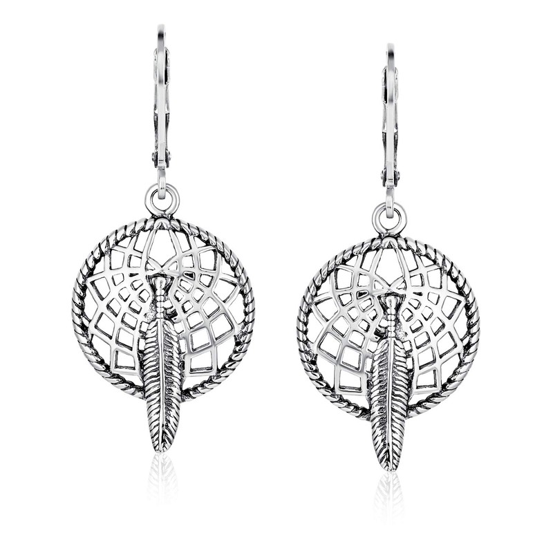 Bling Jewelry Leaf Feather Dream Catcher Dangle Leverback Earrings 925