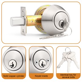 Probrico Keyed Alike Double Cylinder Deadbolt, 2 Side (Both) Keyed Round Modern Contemporary Deadbolt Door Lock for Interior and Exterior (Satin Nickel, 2 Pack)