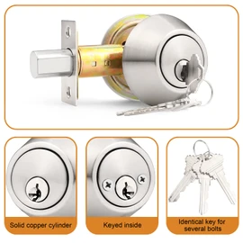 Probrico Keyed Alike Double Cylinder Deadbolt, 2 Side (Both) Keyed Round Modern Contemporary Deadbolt Door Lock for Interior and Exterior (Satin Nickel, 2 Pack)