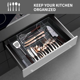 Organizador de cajones de acrílico transparente para utensilios de cocina y cubiertos, bandeja de cubiertos ajustable con 9 compartimentos para cajones, oficina y almacenamiento de baño