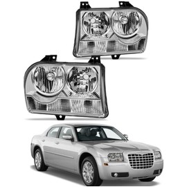 Sagnod Auto Headlights Compatible with 2005-2010 Chrysler 300 Halogen Driver Side And Passenger Side Chrome Housing Clear Reflector