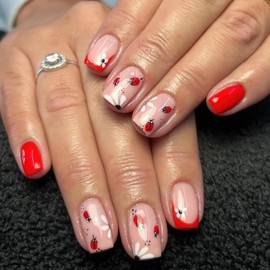 ROFIBUT Flower Press on Nails Short Square Fake Nails Cute Ladybug Glue on Nails Glossy Red French Tip Full Cover False Nails Summer Flowers Stick on Nails Reusable Acrylic Nails for Women 24Pcs