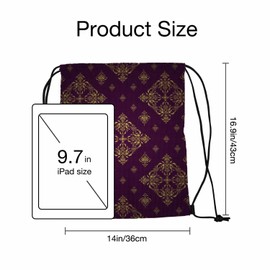 Sotunad Golden Flower Ornaments Drawstring Backpack Adjustable Shoulder Strap Symmetrical Luxury Pattern Purple Backdrop Drawstring Bag Sutiable for Sports Beach Short Travel Stroage 14x16.9 Inch