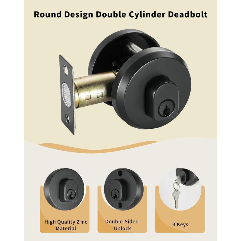 Double-Sided Keyed Round Deadbolt Lock - Matte Black, Exterior Door