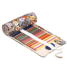 Amoyie Hand Roll Up Pencil Bag for 72 Coloring Pencil, Canvas Pencil Organiser Bag Artist Pen Carrier Bag, Pencil Wrap Easy Use (no Pencil Included), Green Cat