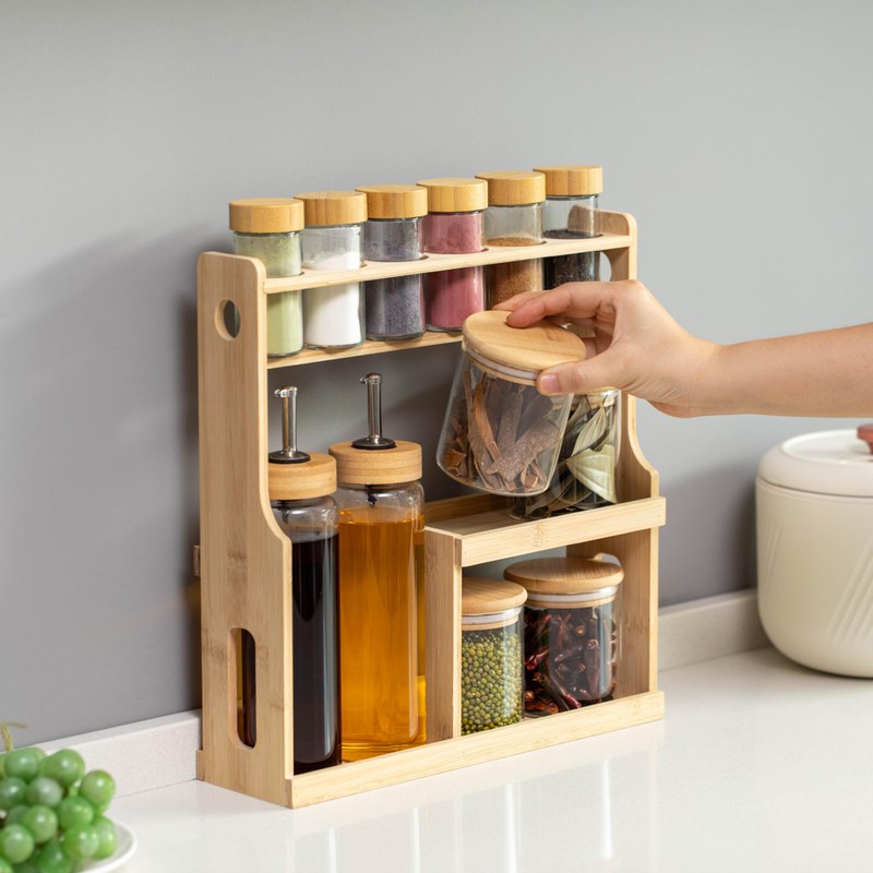 Basicwise 3-Tier Bamboo Spice Rack with 6 Spice Shaker Bottles,