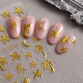 5D Embossed Summer Beach Nail Stickers Self-Adhesive Shell Nail Art Stickers Starfish Turtles Coconut Tree Sun Moon Designs Nail Art Supplies Gold Nail Decals for Women Girls Acrylic Nail Salon DIY