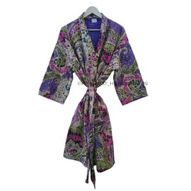 Pranipat Handicrafts Kantha Kimono, Abstract Print Cotton Jacket, Purple, Handmade Lightweight Midi Length