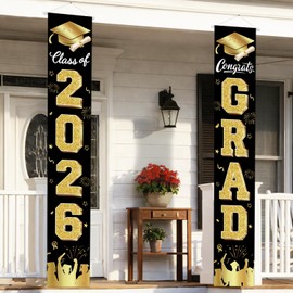 Graduation Decorations 2026 Porch Banner, Black and Gold Graduation Banner Class of 2026, Congrats Grad Decorations for Door and Porch Party Supplies