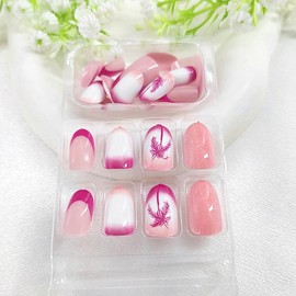 Summer Press on Nails Short Round with Coconut Tree Gradient Designs Rose Red French Tip Glue on Nails Rose Red and Orange False Nails Summer Artificial Stick on Nails for Women 24Pcs