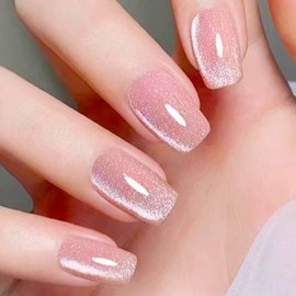 WAFOLOZE Press On Nails Medium Coffin Fake Nails With Glue, Ice Crystal Stone Cat's Eye Nail Press Ons With Flashing Nude Color Design，Artificial False Nails Stick On Nails for Women-30Pcs