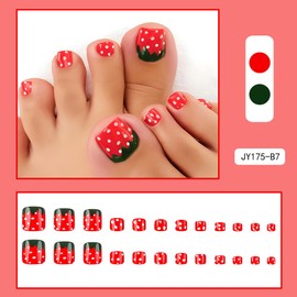 Strawberry Press on Toenails Short Square False Toenails with Design Glossy Red Fake Toe Nails White Dots Stick on Toenails Cute Reusable Summer Glue on Toenails for Women Girls Manicure 24Pcs