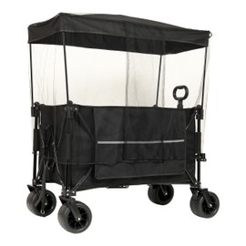 ZJMTOCYU Collapsible Folding Utility Wagon with Canopy, Heavy Duty Garden Cart with All-Terrain Wheels, 480 lbs Capacity, Side Pocket and Brakes, Black with Mosquito Net