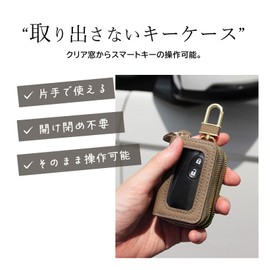 Pit Life Key Case, Smart Key Compatible, Genuine Leather, Storage for 2, Clear Window (14 Colors in Total, Includes Carabiner) for Men and Women, Double Zippers, Black