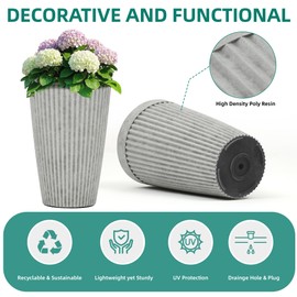 Autodaya 20" Resin Tall Planters for Outdoor Plants, Set of 2 Vintage Gray Large Flower Pots with Handmade Fluted Texture, Heavy-Duty and Weather-Resistant for Year Round Indoor Outdoor use