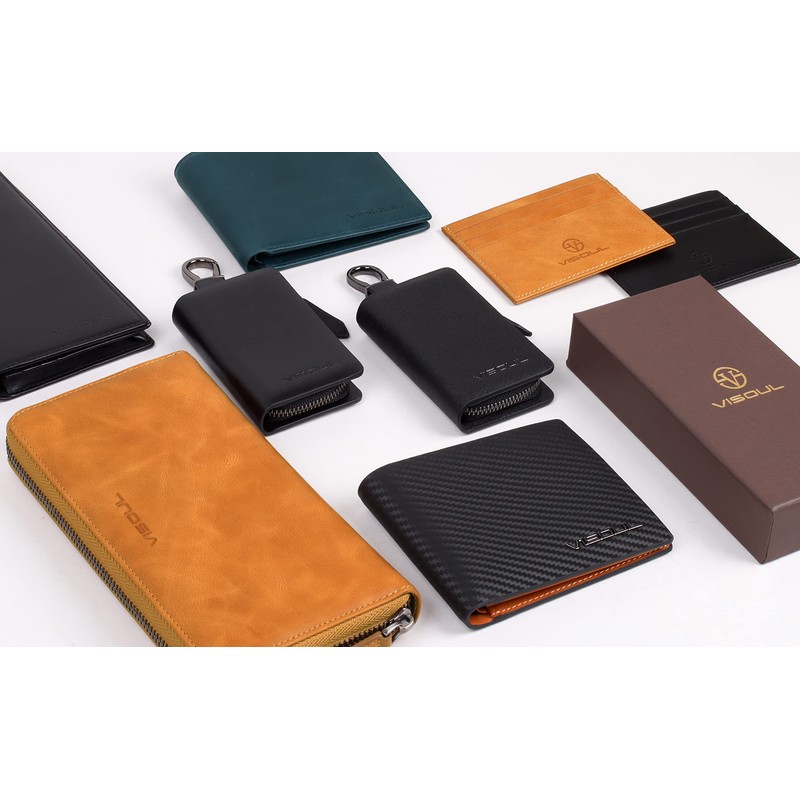 VISOUL Men's Wallet, Genuine Leather, Holds 12 Cards, Carbon Leather,