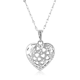 Filigree Heart Necklace for Women, Silver Plated Cubic Zirconia Pendant with Chain, Openwork Design Dainty Jewellery Gift for Anniversary, Mothers Day