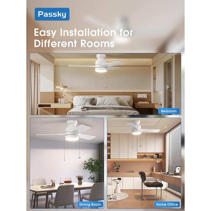 Passky Ceiling Fans with Lights, 42 inch Low Profile Ceiling
