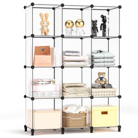 Cube Shelves, 12 Cubby Storage Organizer,DIY Closet Organizers and Storage Shelves for Bedroom,Stackable Closet Shelves for Clothing Storage,Book Shelf, Toy Organizers and Storage, Transparent White
