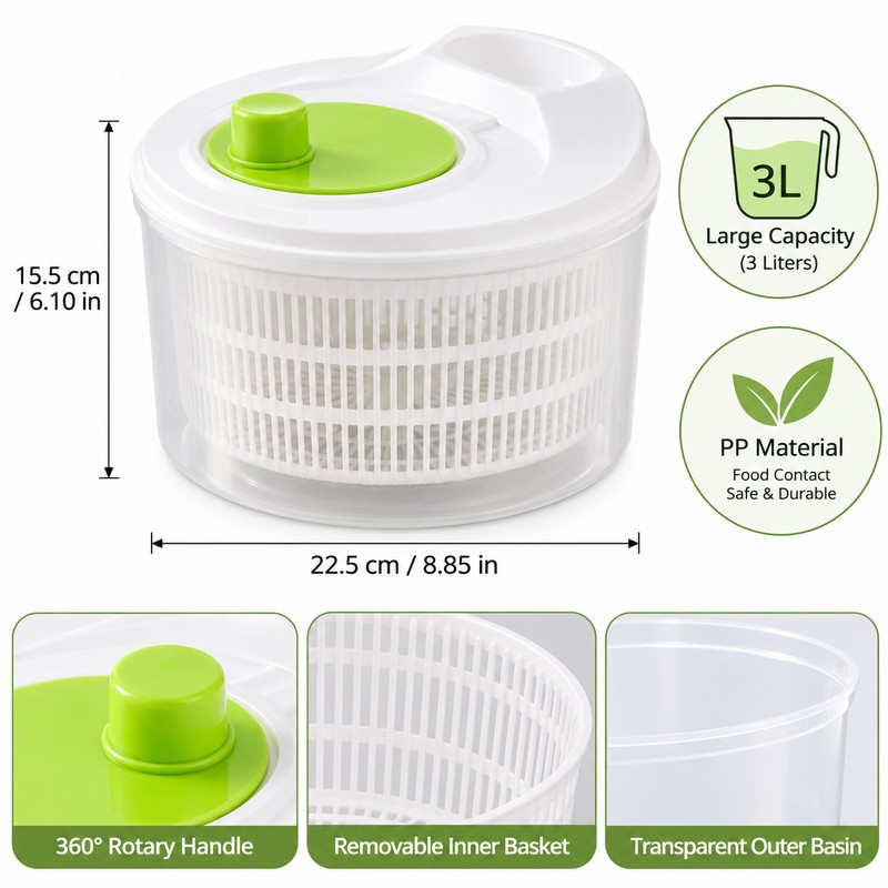 Manual Salad Spinner for Washing & Draining Produce – 3L