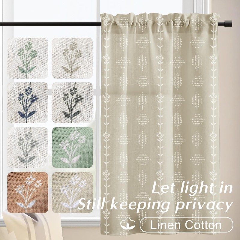 Boho Farmhouse - Cortinas de lino beige de pequeño nivel