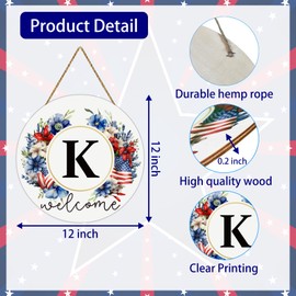 Patriotic Decorations Monogram Letter K 4th of July Wreaths for Front Door Wreath Wooden Welcome Sign for Front Door Decor Last Name Initial Fourth of July Memorial Day Porch Wall Home Kitchen Decor